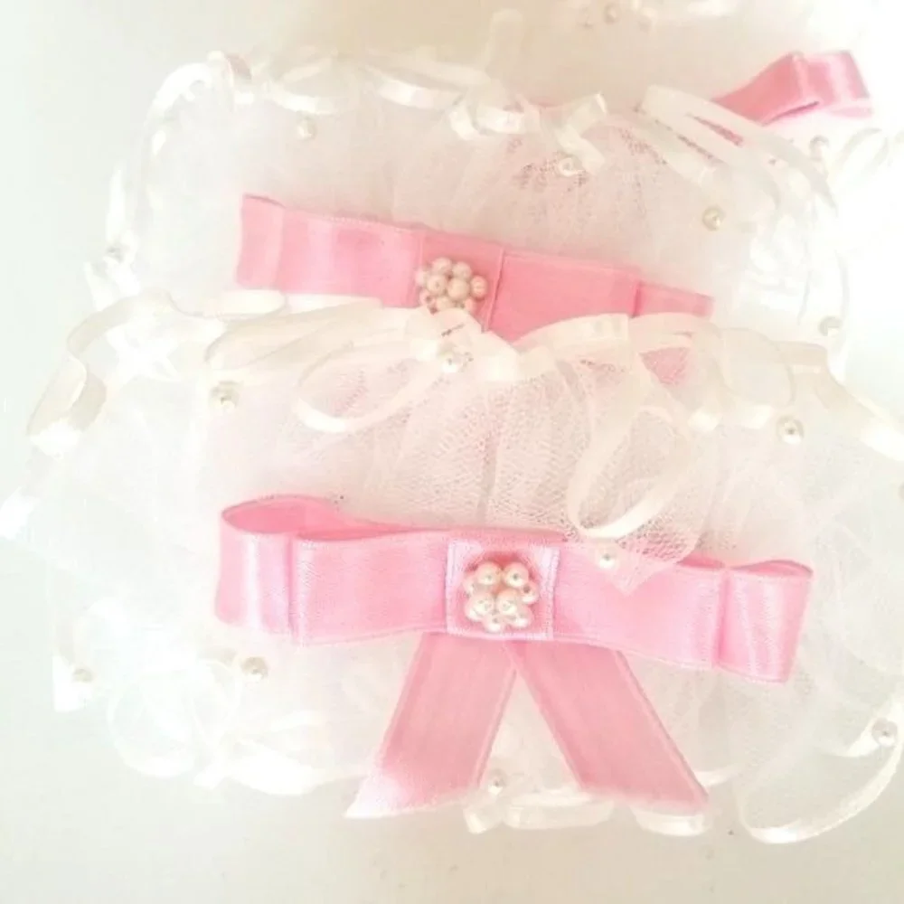 New Handmade Lace Pearl Beaded Pink Bow Ribbon Large Hairclips (Set of 3)